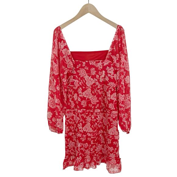 Sim & Sam Red and Pink Floral Print Smocked Milkmaid Mini Dress Size Medium - Picture 3 of 8